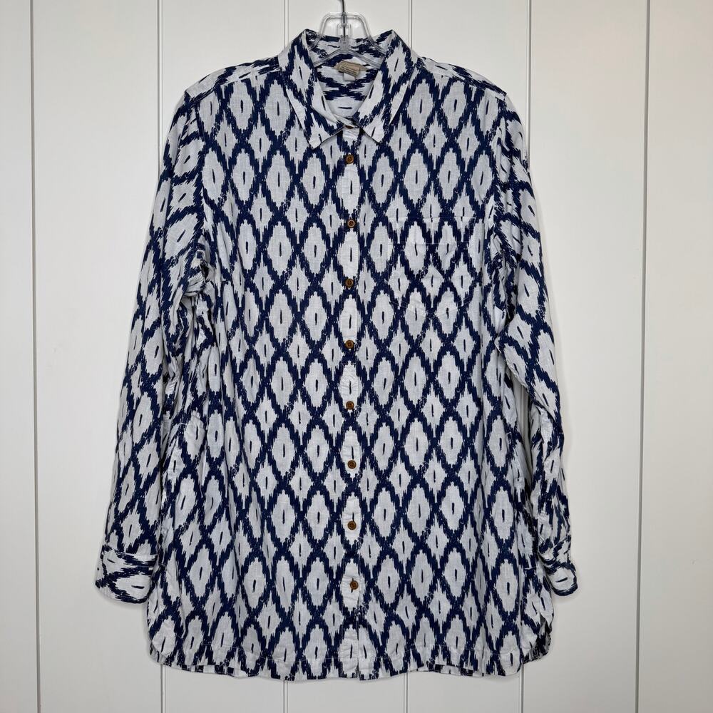 Duluth Trading Co Blue Ikat Tunic Shirt L Hemp Cotton Roll Tab sleeves
